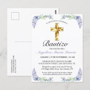 Elegante Lavanda Cruz De Oro Bautizo Bebé Invitati Briefkaart