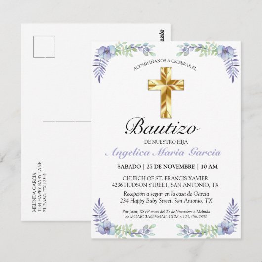Elegante Lavanda Cruz De Oro Bautizo Bebé Invitati Briefkaart (Voorkant / Achterkant)
