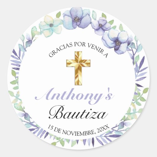 Elegante Lavanda Cruz De Oro Bautizo Bebé Ronde Sticker (Voorkant)