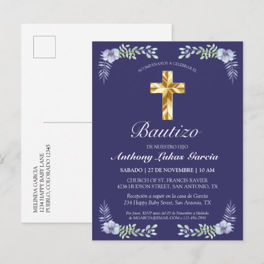 Elegante Lavanda Cruz De Oro Bautizo Bebé Uitnodiging Briefkaart (Voorkant / Achterkant)