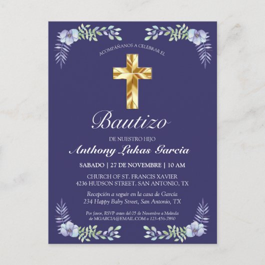 Elegante Lavanda Cruz De Oro Bautizo Bebé Uitnodiging Briefkaart (Voorkant)