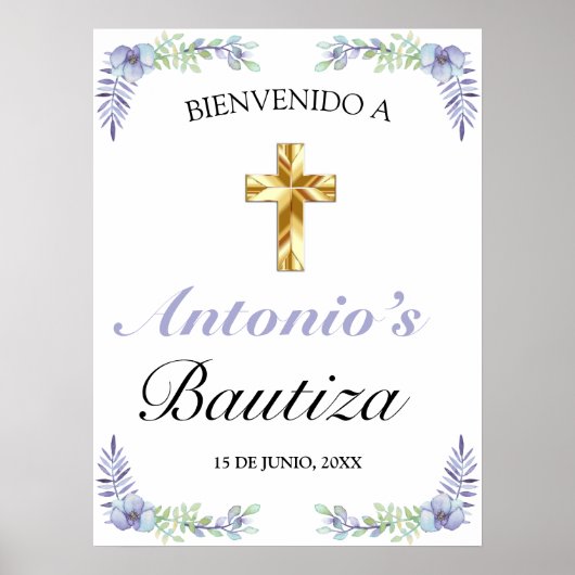 Elegante Lavanda Cruz De Oro Bautizo Bienvenido Poster (Voorkant)