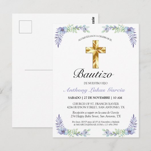 Elegante Lavanda Cruz De Oro Bautizo Invitación Briefkaart (Voorkant / Achterkant)
