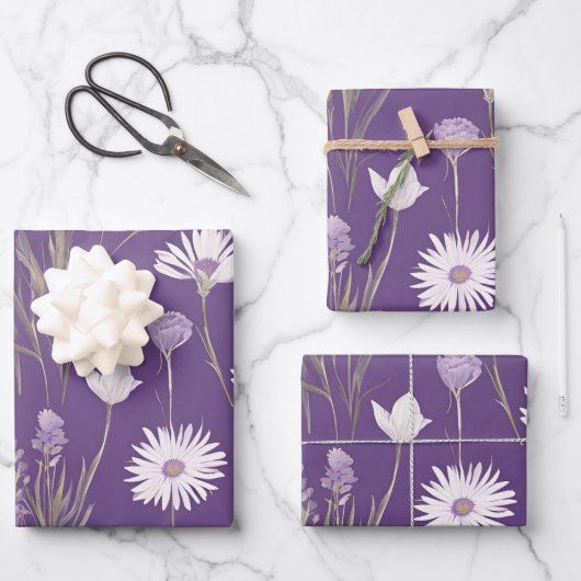 Elegante Lavendar Witte Boho Wildflower Floral Inpakpapier Vel (Voorkant)