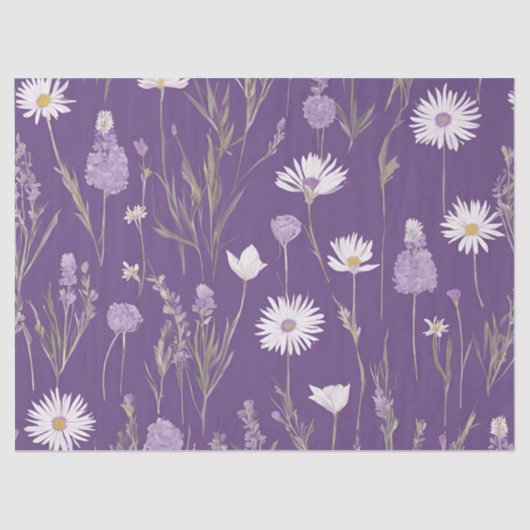 Elegante Lavendar Witte Boho Wildflower Floral Tissuepapier (Voorkant)