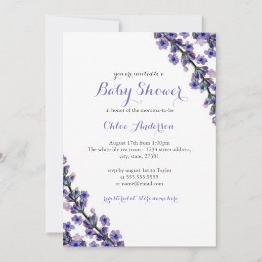 Elegante lavendel baby shower uitnodiging (Voorkant)