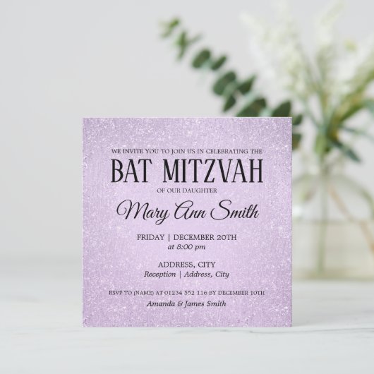 Elegante Lavendel Bat Mitzvah Faux Glitter Paint Kaart (Staand voorkant)