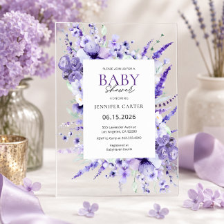 Elegante lavendel bloemen baby shower paars acryl uitnodigingen
