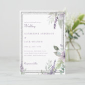 Elegante lavendel bloemen- en bladbruiloft kaart (Staand voorkant)