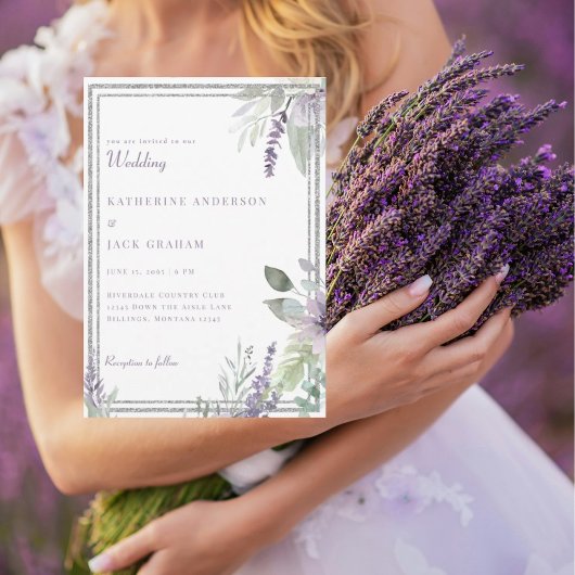 Elegante lavendel bloemen- en bladbruiloft kaart