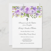 Elegante Lavendel Bloemen Roos Doopuitnodiging Kaart (Voorkant)