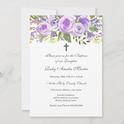 Elegante Lavendel Bloemen Roos Doopuitnodiging Kaart (Voorkant)