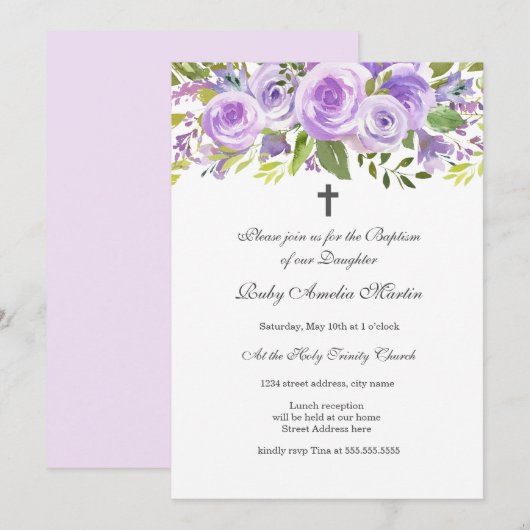 Elegante Lavendel Bloemen Roos Doopuitnodiging Kaart (Voorkant / Achterkant)