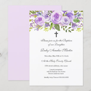 Elegante Lavendel Bloemen Roos Doopuitnodiging Kaart