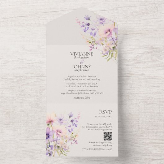Elegante Lavendel Bloemen Wildbloemen QR RSVP All In One Uitnodiging (Binnen)