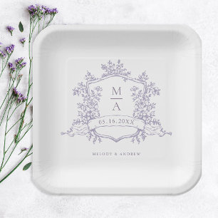 Elegante lavendel bloemenkroon monogram bruiloft papieren bordje