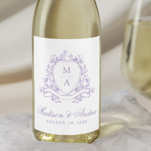 Elegante Lavendel Bloemenkroon Monogram Trouwdag Wijn Etiket