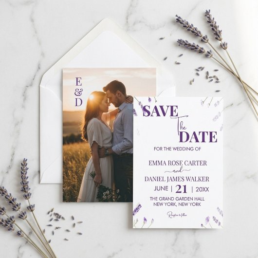 Elegante lavendel bloementuin bruiloft save the date