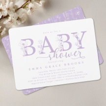 Elegante Lavendel Bloemige Baby Shower Typografie