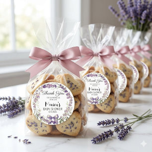 Elegante lavendel bloemige babyshower dank je ronde sticker