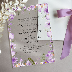 Elegante lavendel bloemige bruiloft acryl uitnodigingen
