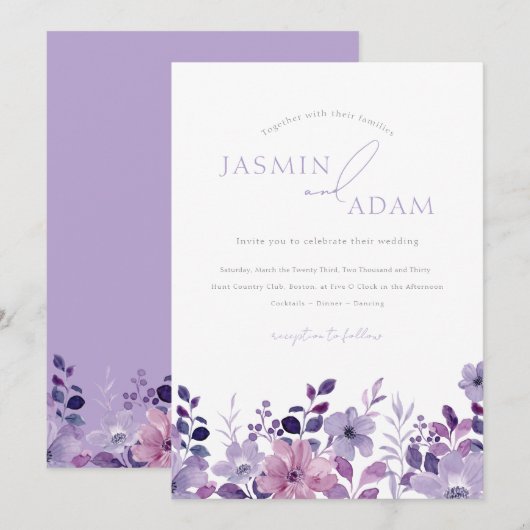 Elegante Lavendel Bloemige Bruiloft Kaart (Voorkant / Achterkant)