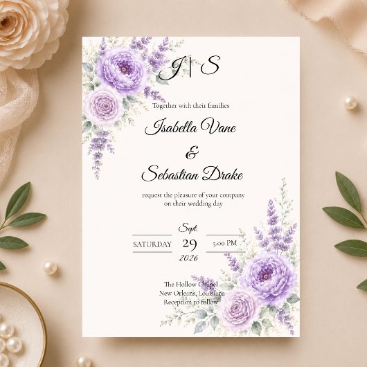Elegante Lavendel Bloemige Bruiloft Kaart