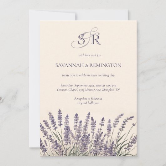 Elegante Lavendel Bloemige Monogram Bruiloft Kaart (Voorkant)