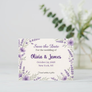 Elegante Lavendel Bloemige Trouw 'Save the Date' P Aankondigingskaart