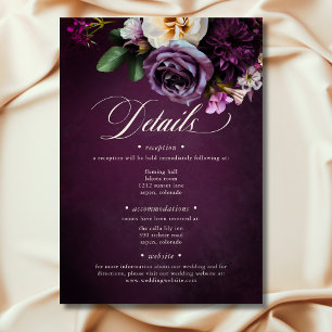 Elegante lavendel & bordeauxrode bloemenscript bru informatiekaartje