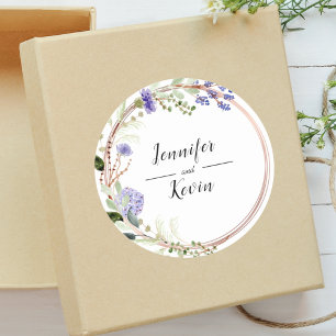 Elegante lavendel botanische groene bruiloft ronde sticker