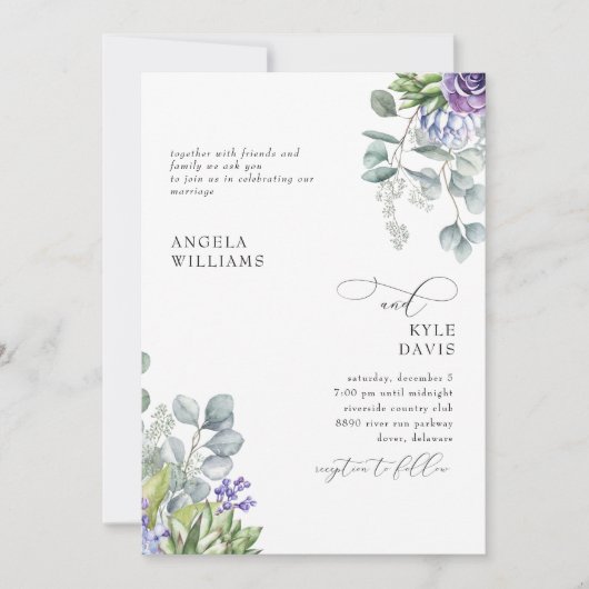 Elegante Lavendel Botanische Witte Bruiloft Kaart (Voorkant)