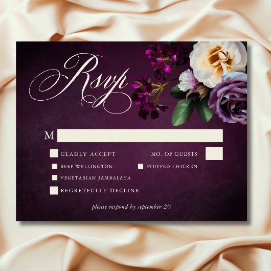 Elegante Lavendel & Bourgogne Floral Script Weddin RSVP Kaartje
