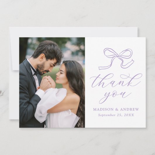 Elegante Lavendel Bow foto bruiloft Bedankkaart (Voorkant)