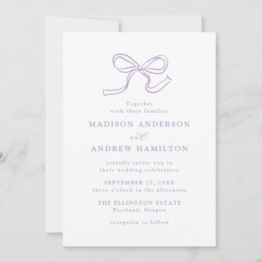Elegante Lavendel Bow Wedding Kaart (Voorkant)