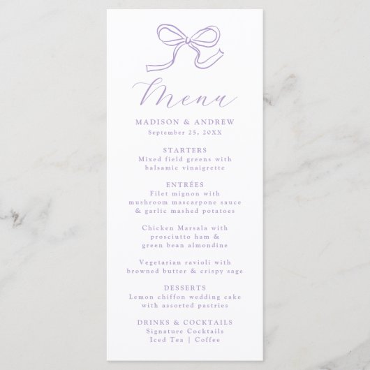 Elegante Lavendel Bow Wedding Menu (Voorkant)