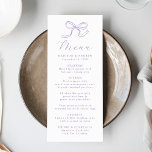 Elegante Lavendel Bow Wedding Menu<br><div class="desc">Creëer een dromerige en grillige tafelweergave met dit lavendelboog huwelijksmenu. Een handgetekende boog in lavendel zit boven het woord "Menu" geschreven in sierlijke kalligrafie, een romantische toon. Pas aan met uw namen, trouwdatum en dinerdetails voor een persoonlijke, gepolijste look. Dit ontwerp is ideaal voor bruiloften in het voorjaar, tuinfeesten of...</div>
