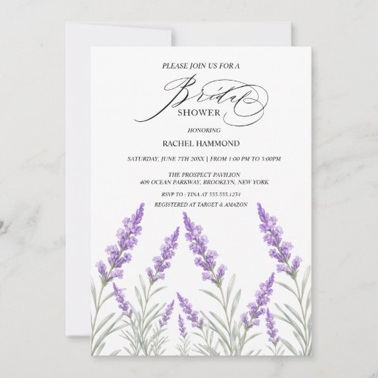 Elegante Lavendel Bruidsdouche Uitnodiging Paars (Voorkant)
