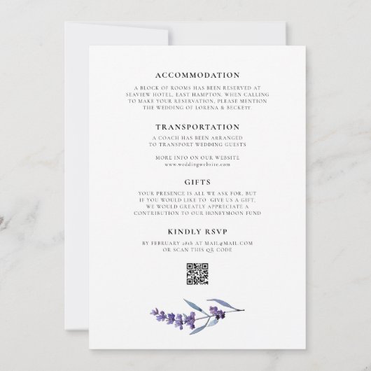 Elegante lavendel bruiloft alles in één uitnodigin kaart (Achterkant)