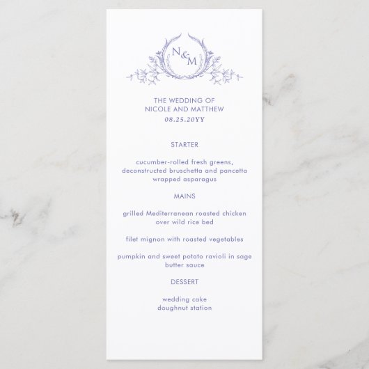 Elegante Lavendel Bruiloft Menu met Monogram (Voorkant)
