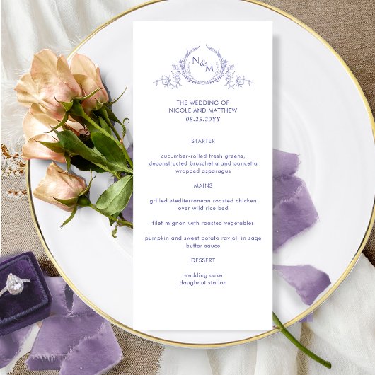 Elegante Lavendel Bruiloft Menu met Monogram