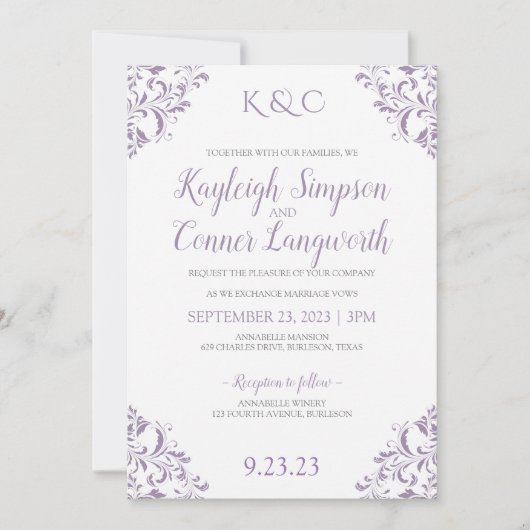 Elegante  Lavendel bruiloft uitnodigingen (Voorkant)