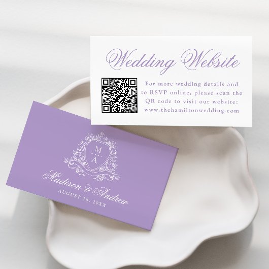 Elegante Lavendel Crest Wedding Website QR Code Informatiekaartje