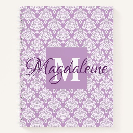 Elegante Lavendel  Damask Monogram & Naam Notitieboek (Voorkant)