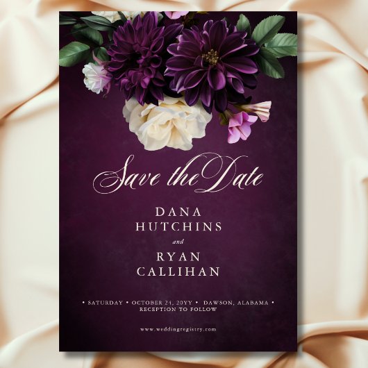 Elegante lavendel- en bordeauxrode bloemenscript b save the date