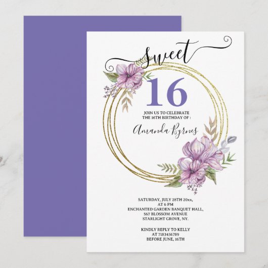 Elegante Lavendel en Goud Sweet 16 Bloemencirkel Kaart (Voorkant / Achterkant)