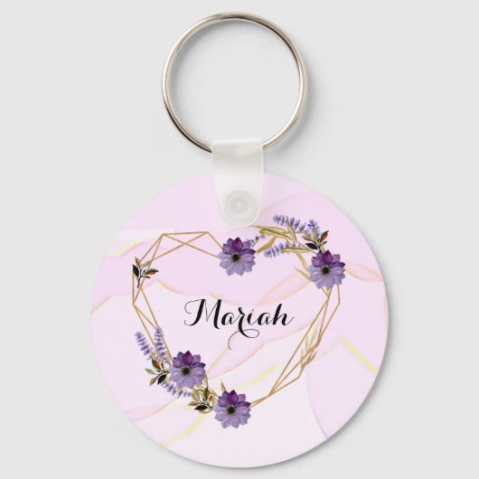 Elegante lavendel en Lila bloemenhart Sleutelhanger (Voorkant)