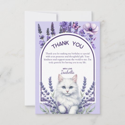 Elegante Lavendel en Witte Kat Verjaardag Bedankkaart (Voorkant)