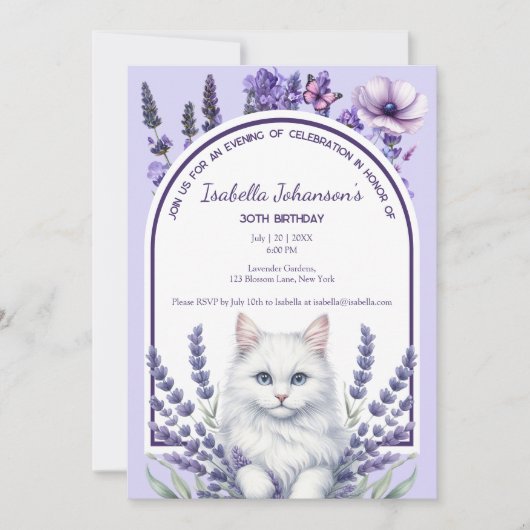 Elegante Lavendel en Witte Kat Verjaardag Kaart (Voorkant)
