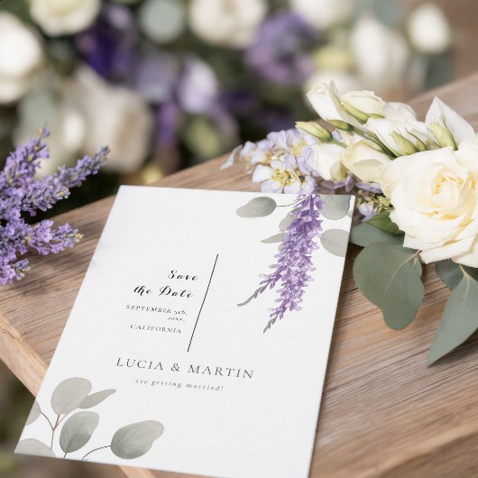 Elegante lavendel eucalyptus bladeren save the dat kaart